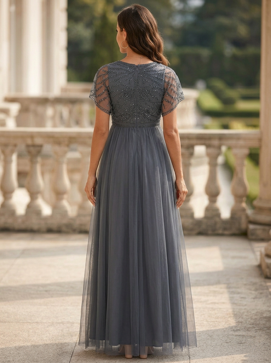 Dark Gray V Neck Chiffon Mesh Lace Maxi Dress