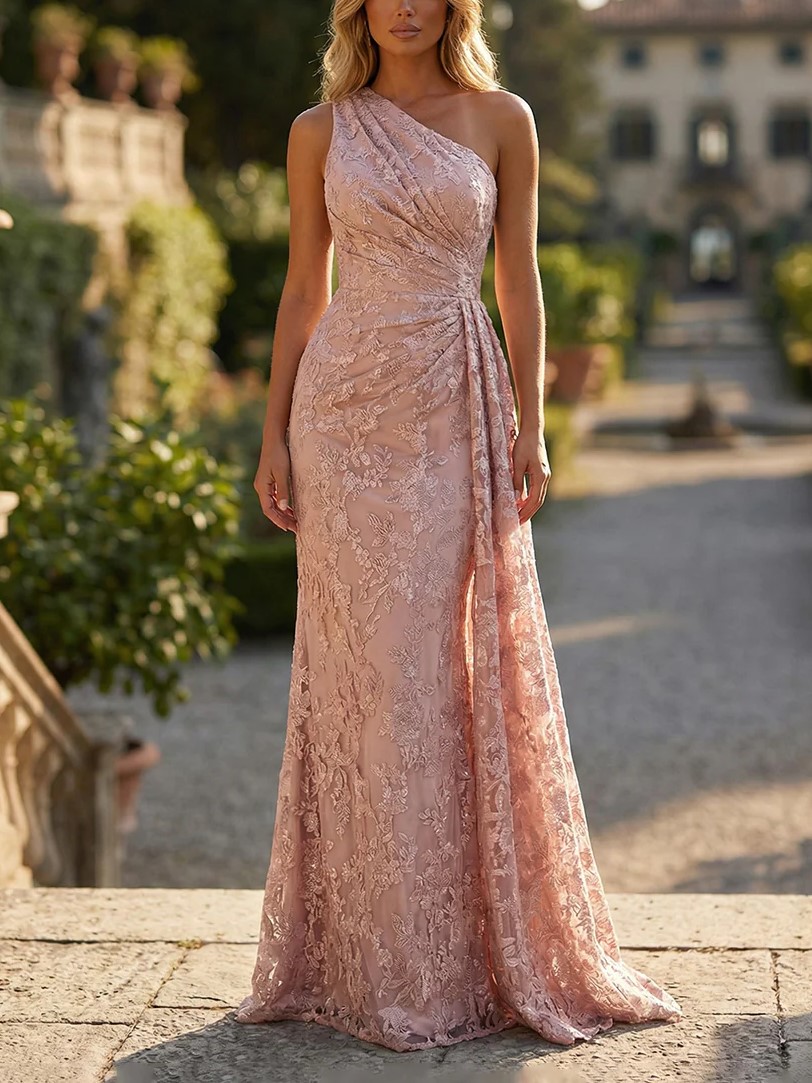 Floral Lace Embroidered One Shoulder Ruched Waist Side Train Maxi Dress