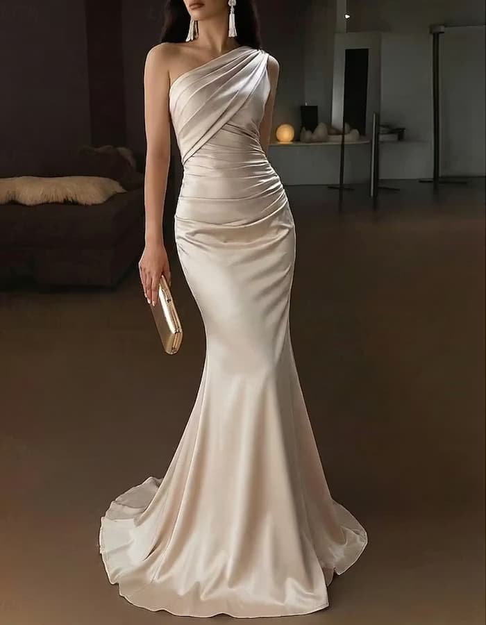 Champagne Satin One-Shoulder Ruched Mermaid Evening Gown