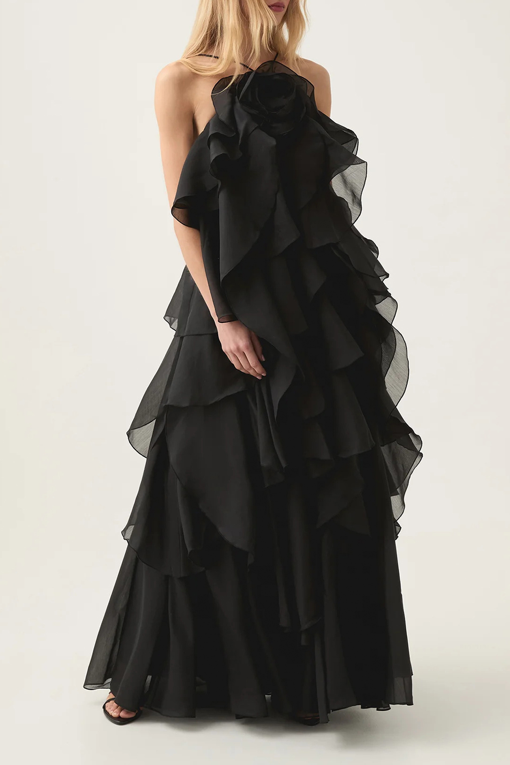 3D Flower Halter Neck Frill Maxi Dress