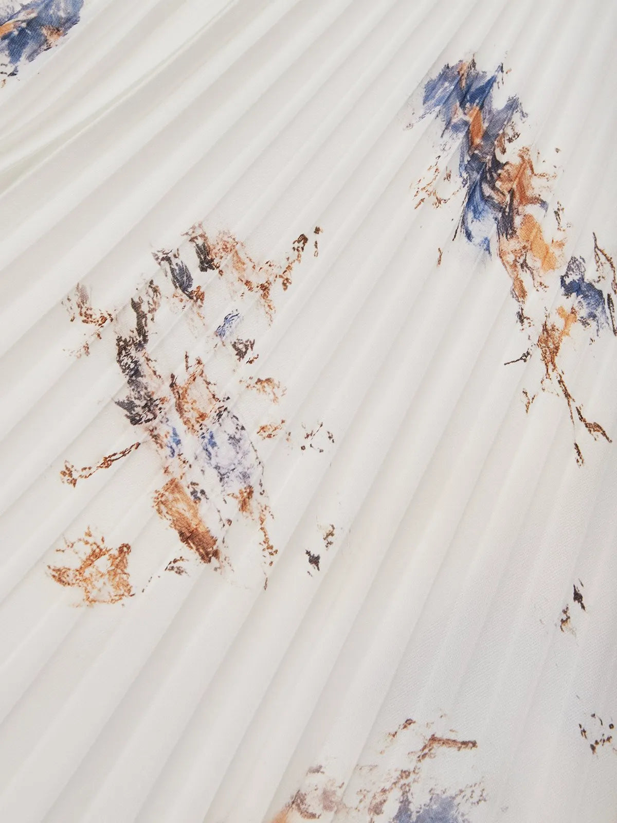 White Pleated Floral Chiffon V Neck Sleeveless A-Line Midi Dress