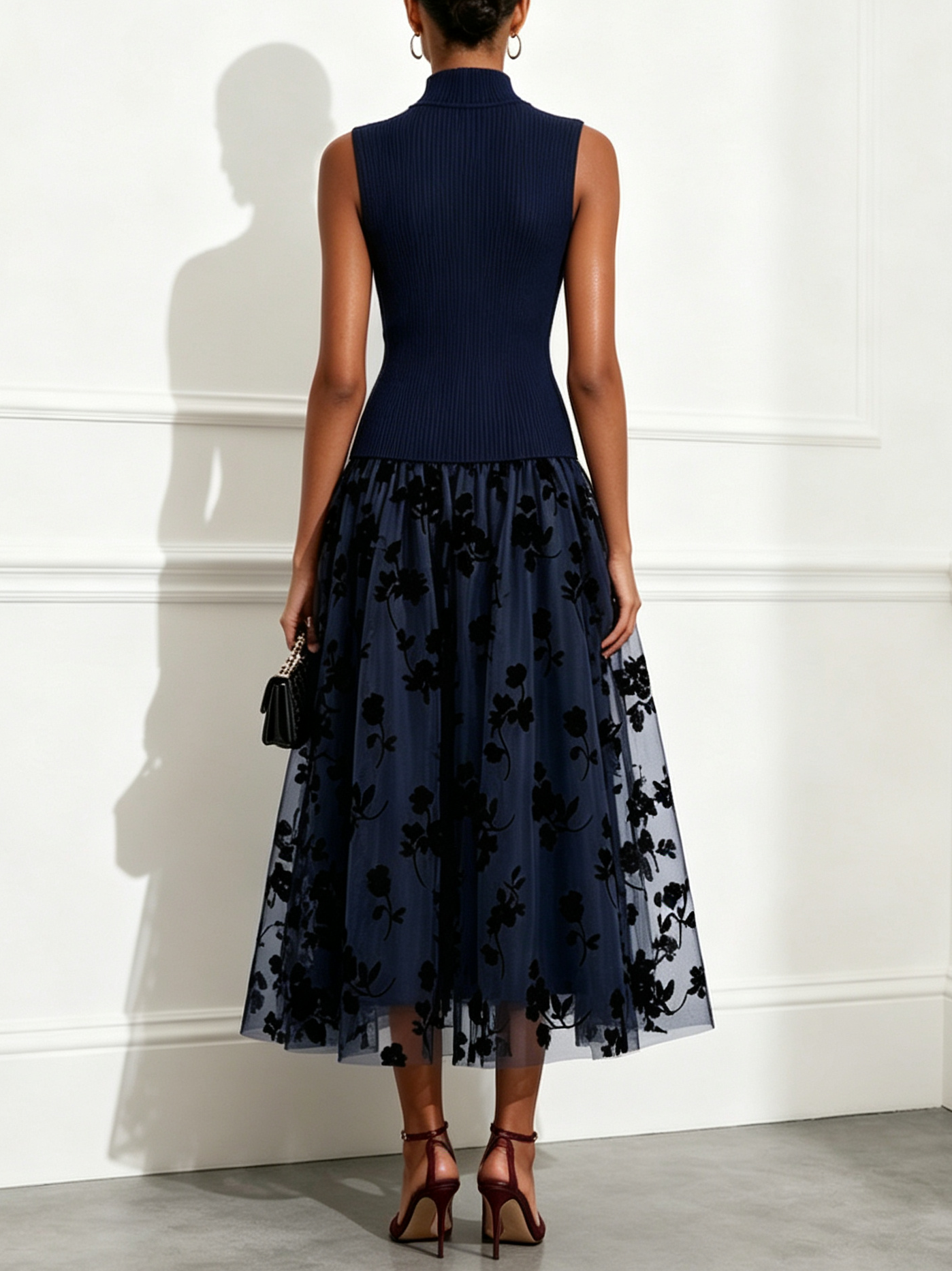 Black High Neck Knit Floral Mesh Midi Dress