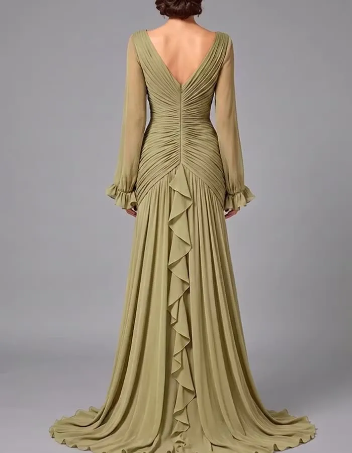 V-Neck Sheer Long Sleeve Ruffled Chiffon Dress
