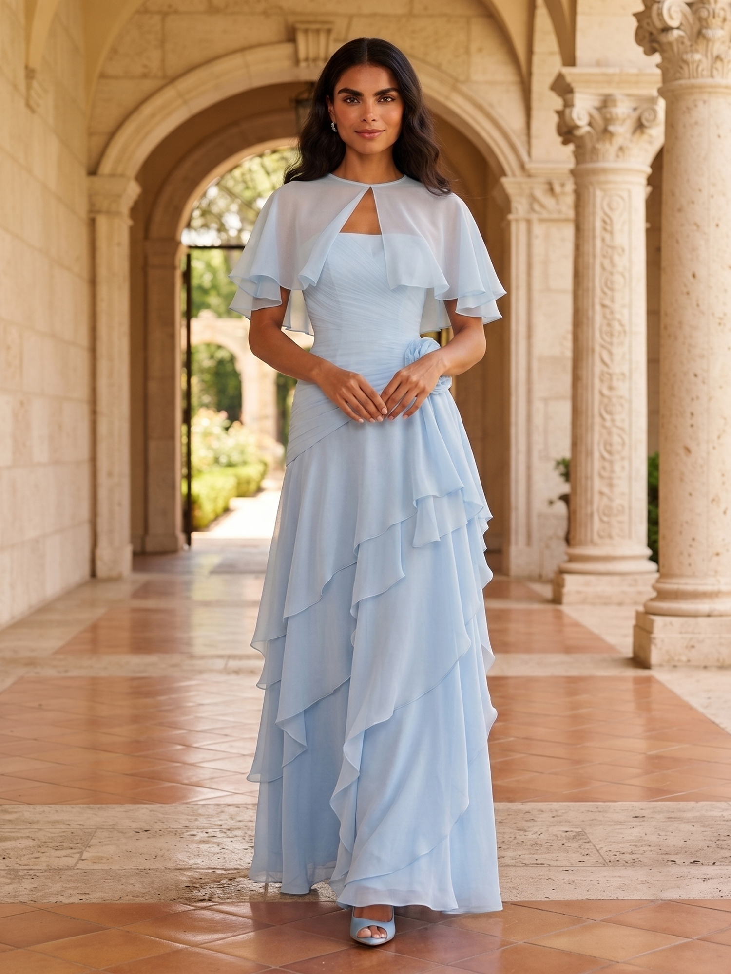 Light Blue Cape Sleeve Floral Appliqué Tiered Chiffon Maxi Dress