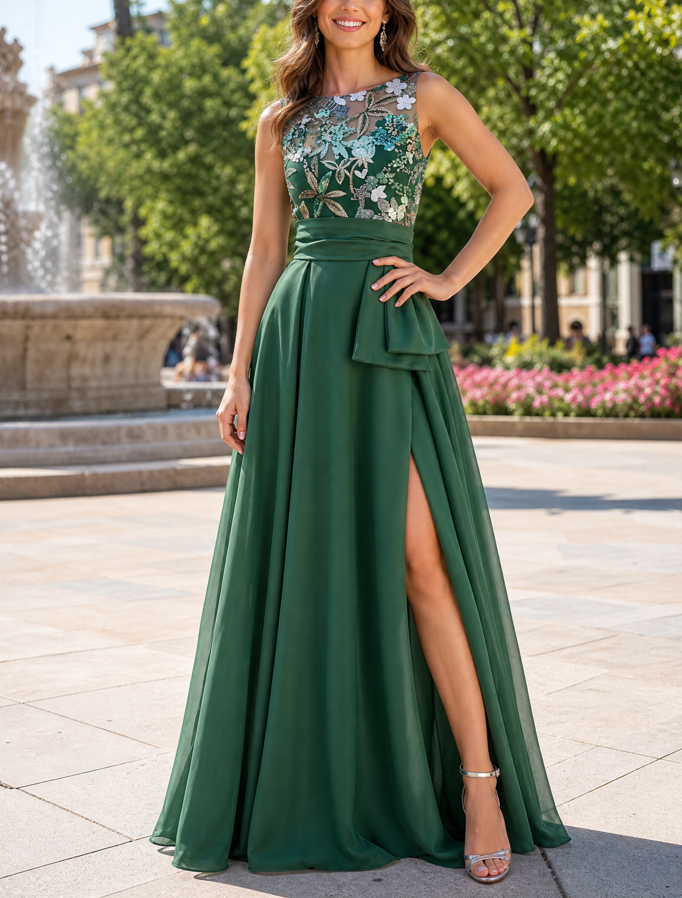 Emerald Green Sleeveless Floral Beaded Belted Maxi Dress