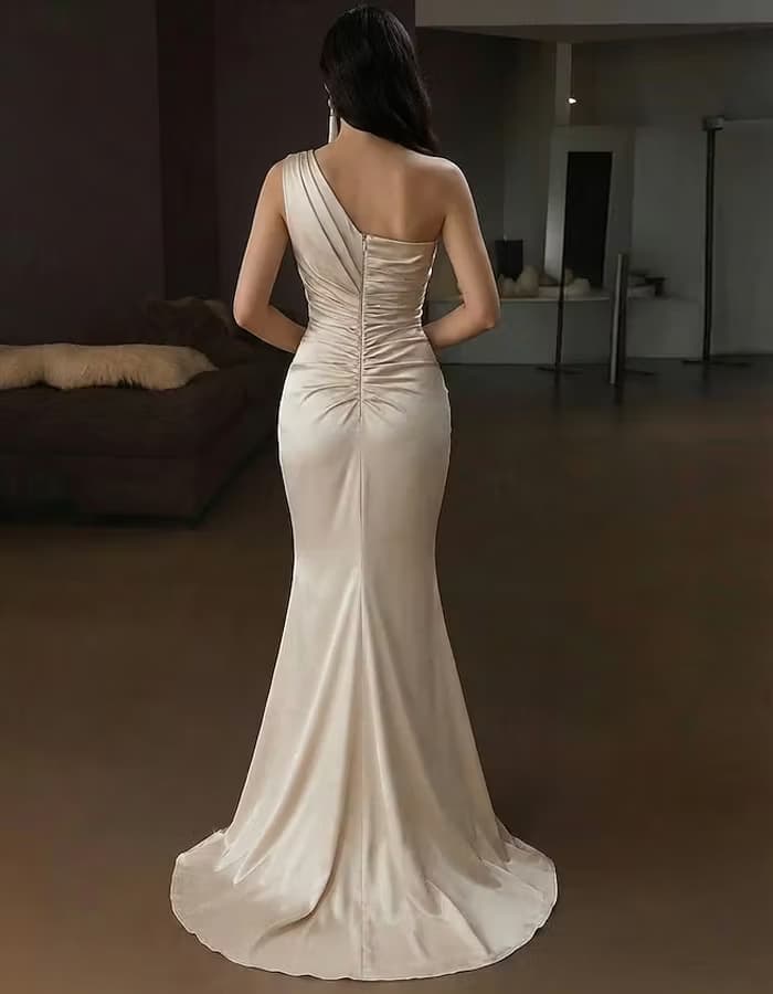 Champagne Satin One-Shoulder Ruched Mermaid Evening Gown