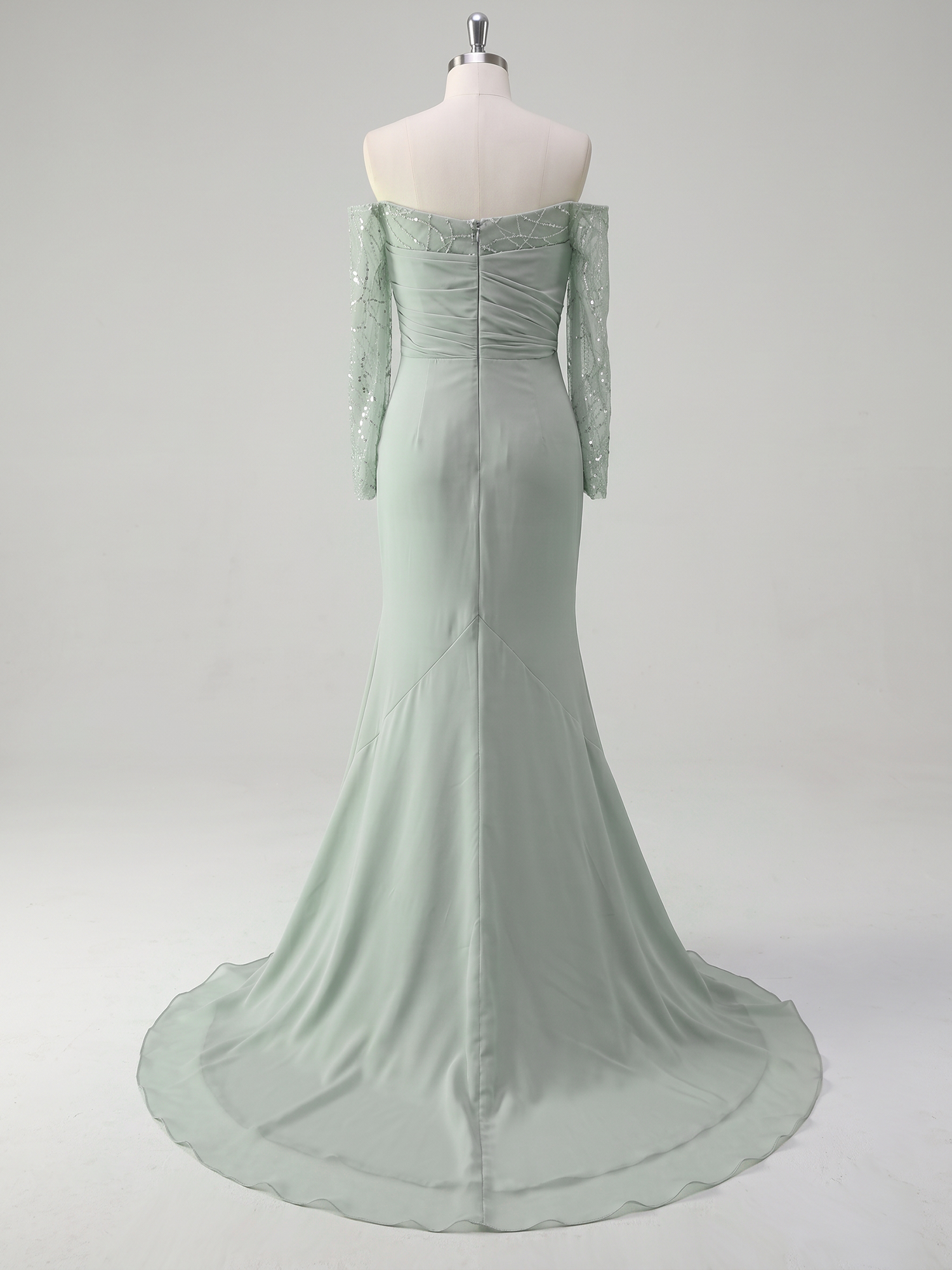 Sage Green Chiffon Off Shoulder Beaded Mesh Long Sleeve High Slit Mermaid Train Evening Gown