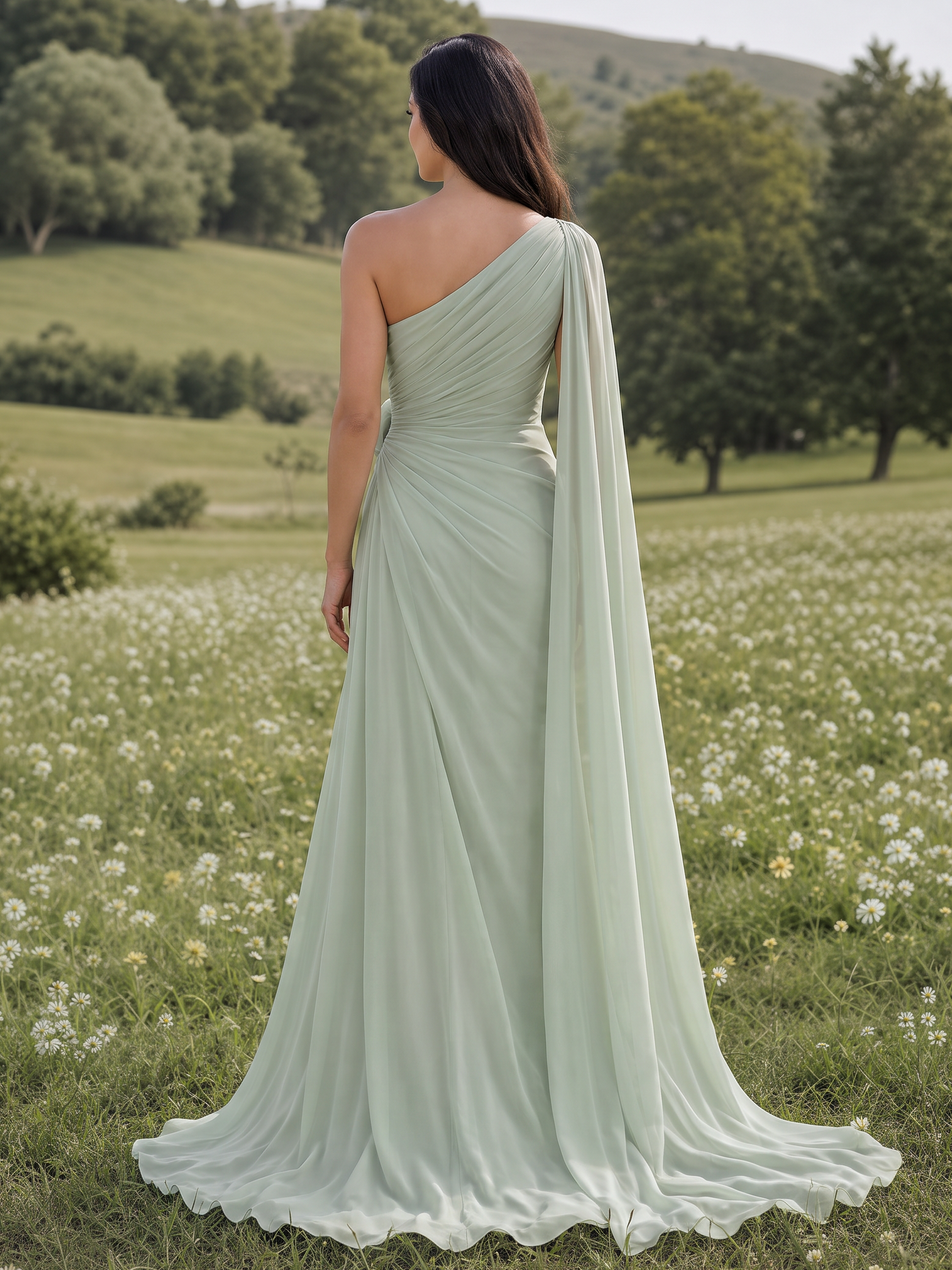 wedding dress with green sash Sage One‑Shoulder Sleeveless A‑Line Floor‑Length Gown Cape And 3D Floral – vulldy emerald green and white quince dress