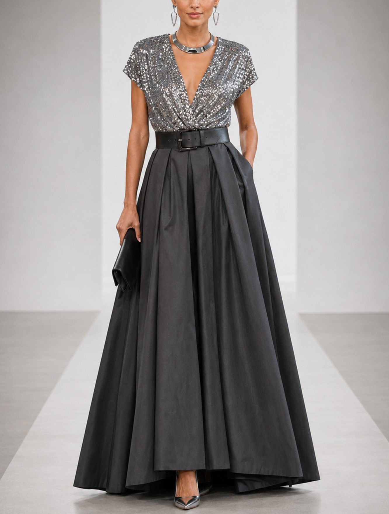 Dark Grey V‑Neck Short‑Sleeve A‑Line Sequin & Taffeta Maxi Evening Gown