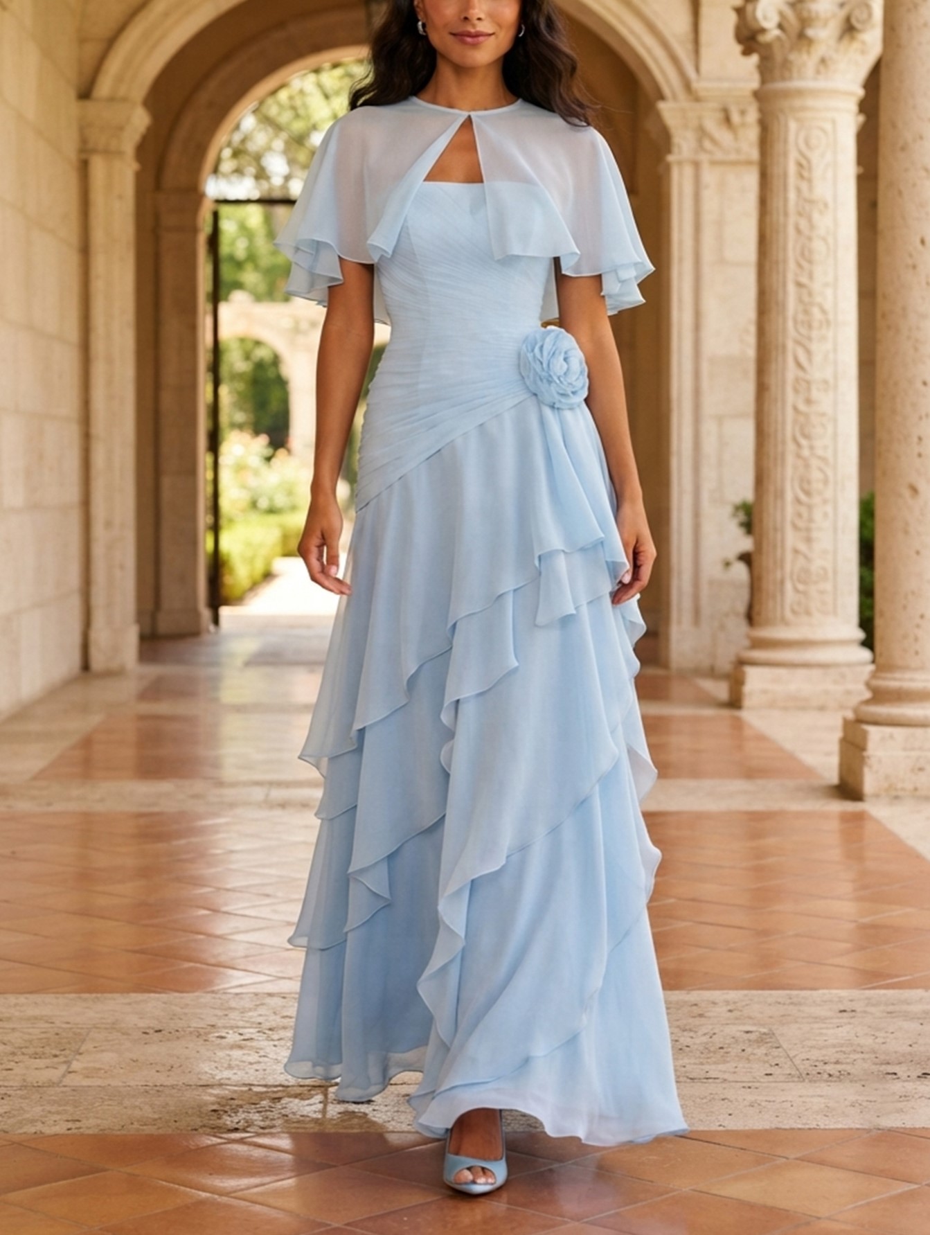 Light Blue Cape Sleeve Floral Appliqué Tiered Chiffon Maxi Dress
