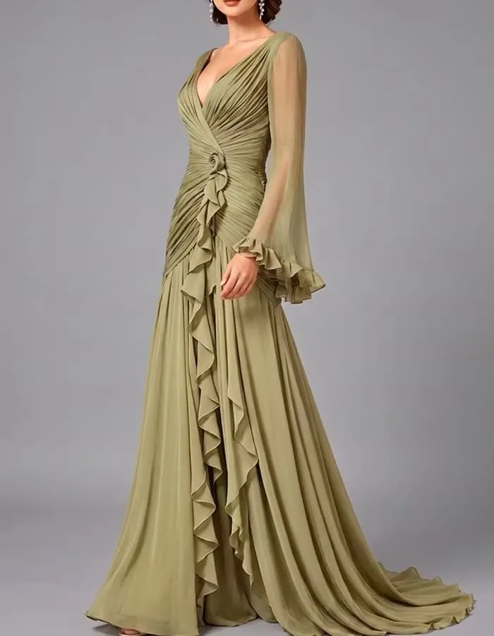 V-Neck Sheer Long Sleeve Ruffled Chiffon Dress