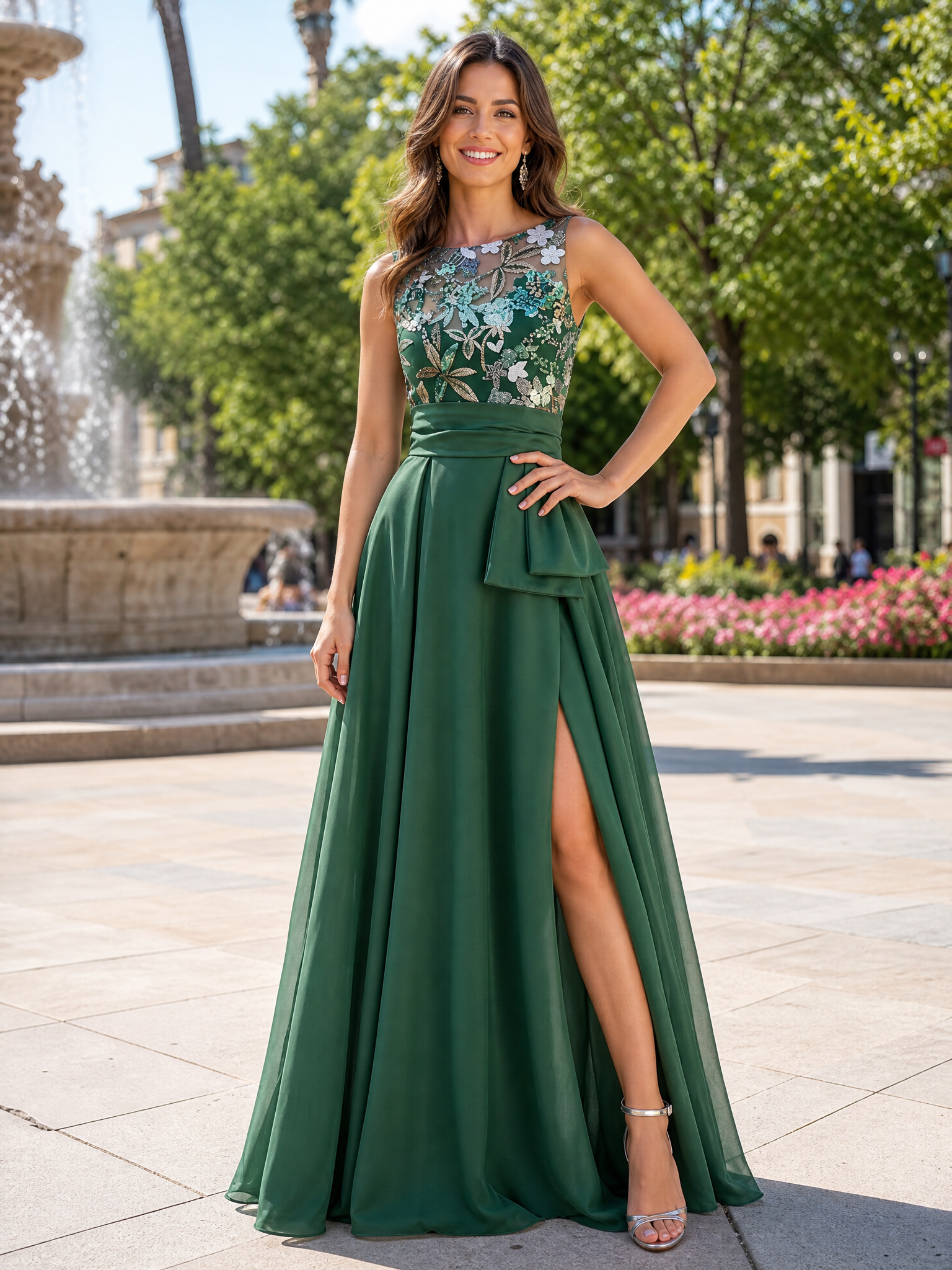 Emerald Green Sleeveless Floral Beaded Belted Maxi Dress