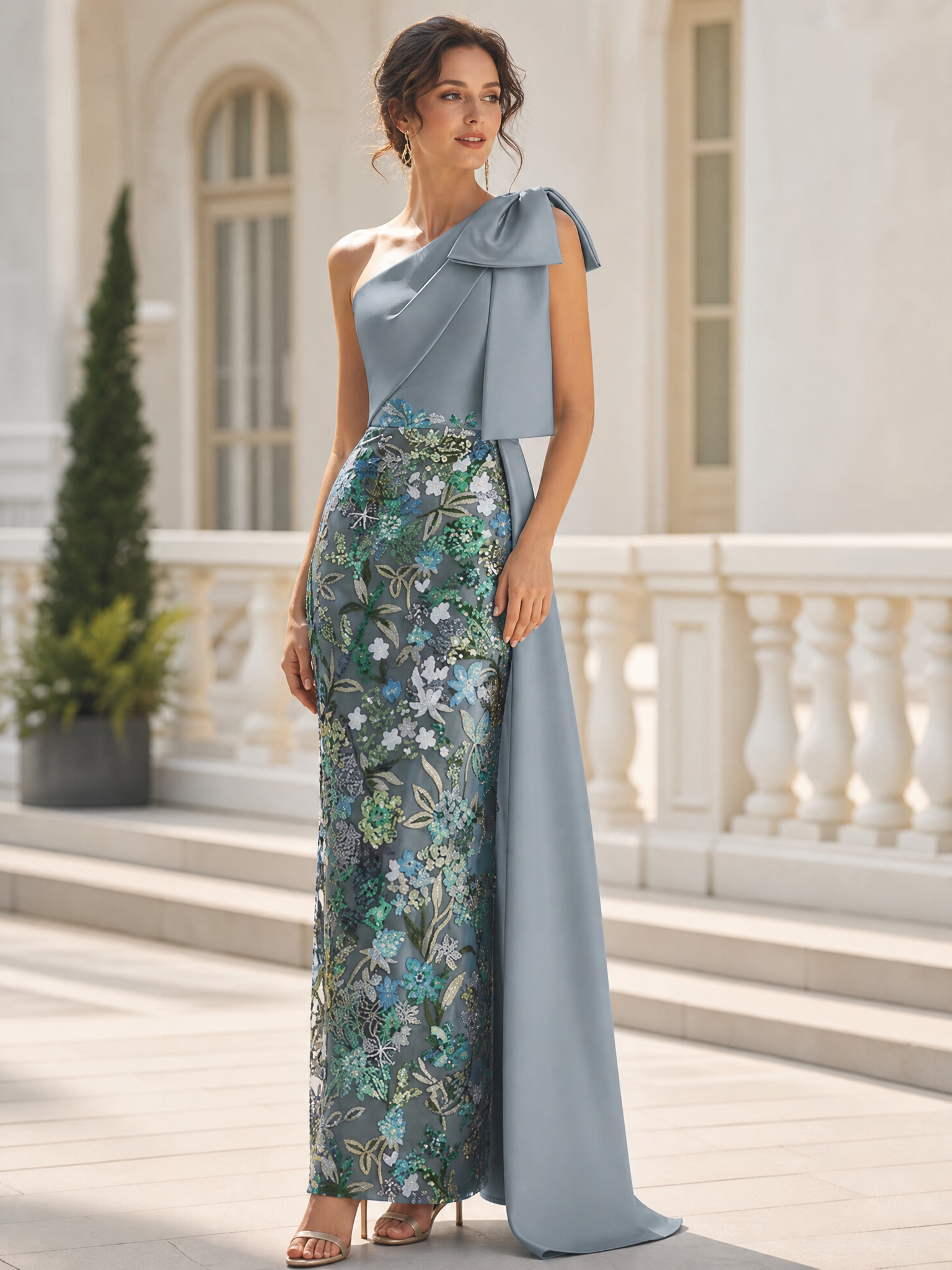 Dusty Blue One-Shoulder Bow Sash Floral Embroidery Sheath Maxi Dress