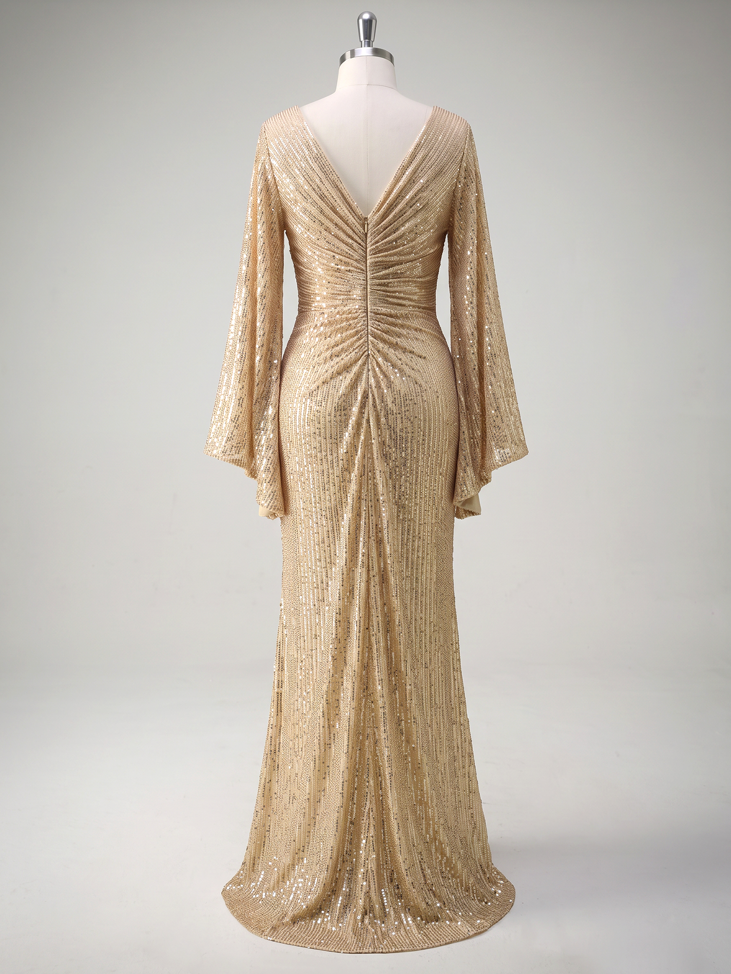 Gold Sequined V Neck Flare Sleeve Mermaid Maxi Dress