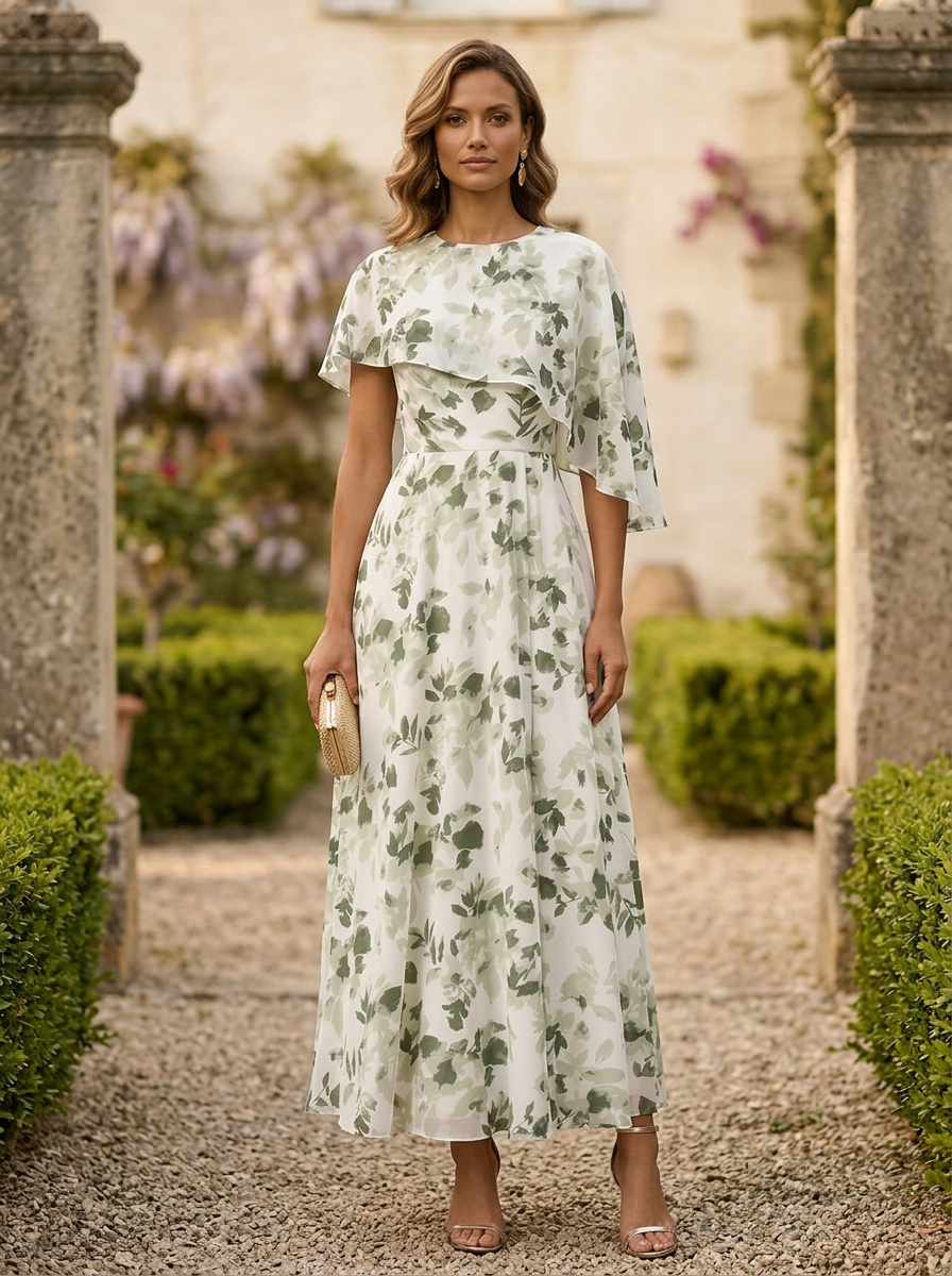 Green Floral A-Line with Cape Maxi Dress