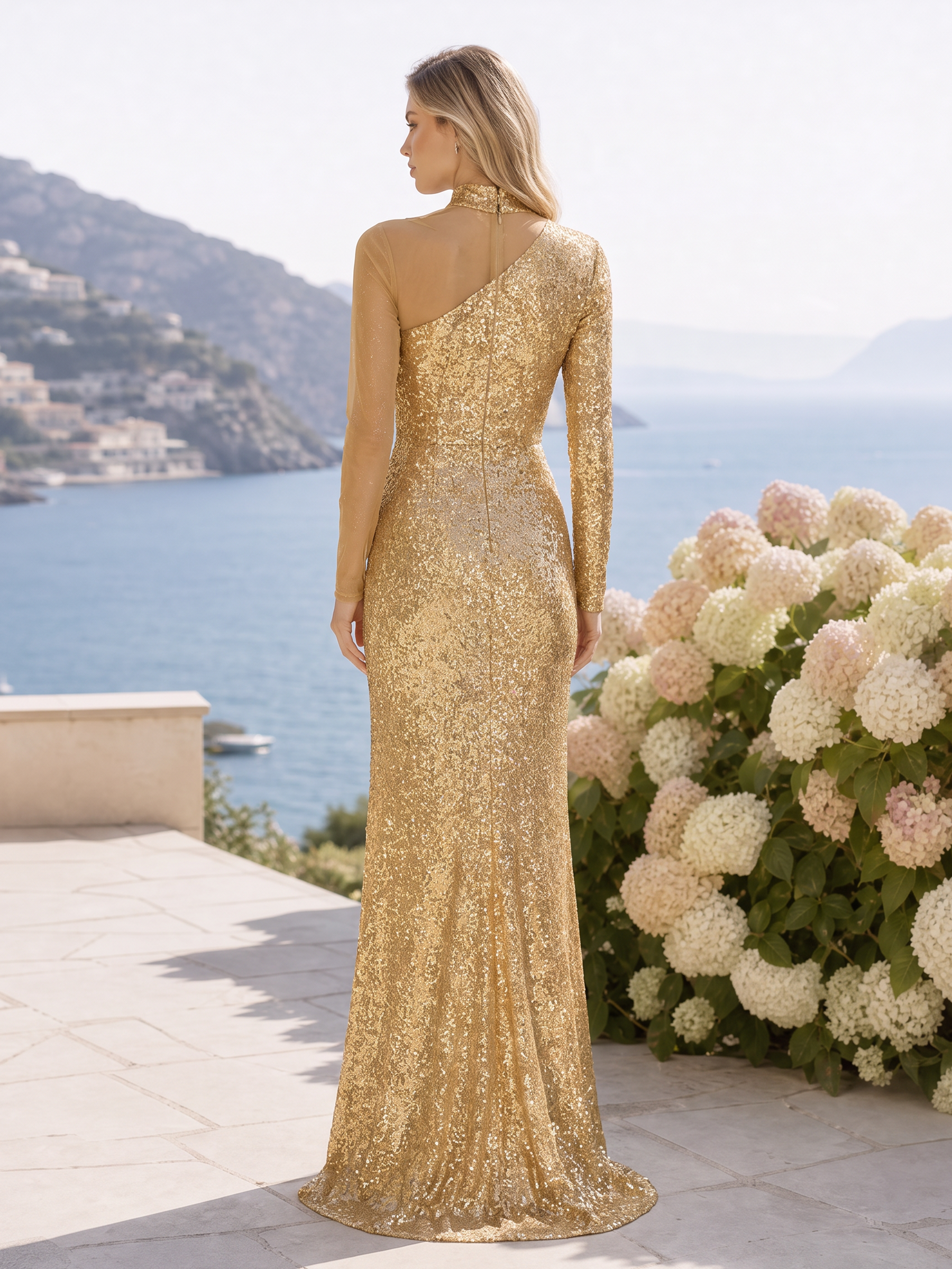 Gold Sequin High Neck Sheer Long Sleeve Slit Mermaid Maxi Dress