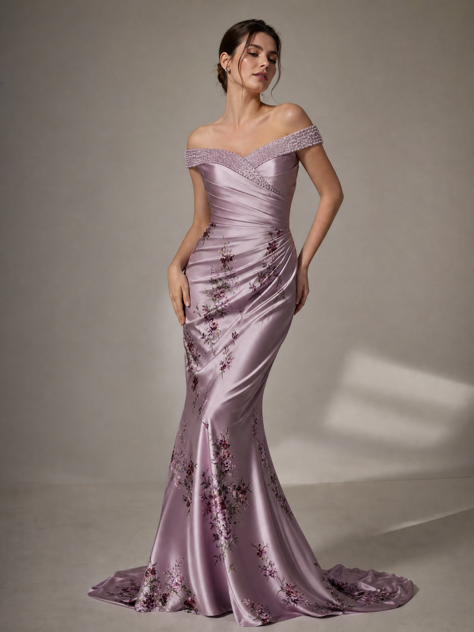 Lavender Off Shoulder Pearl Beaded Floral Mermaid Maxi Dress