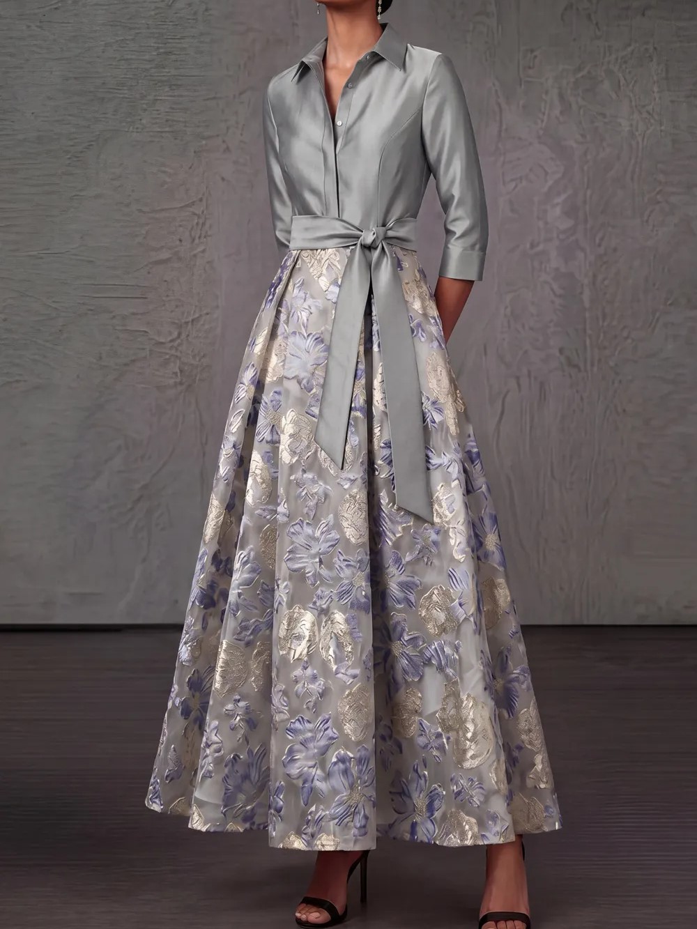 Dusty Blue A-Line Point Collar Embroidered Floral Dresses with Bow
