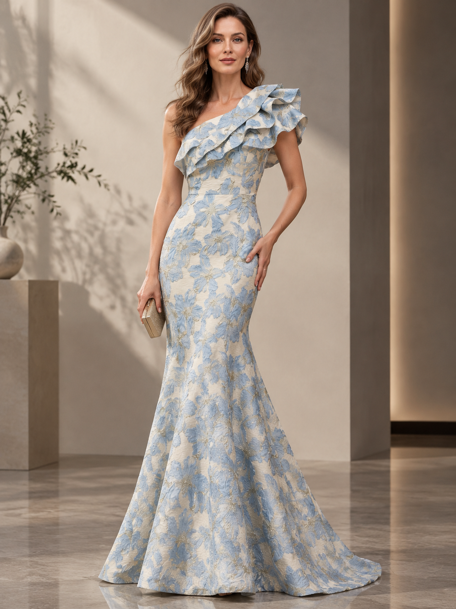 Navy Blue Floral Jacquard One Shoulder Ruffle Mermaid Maxi Dress