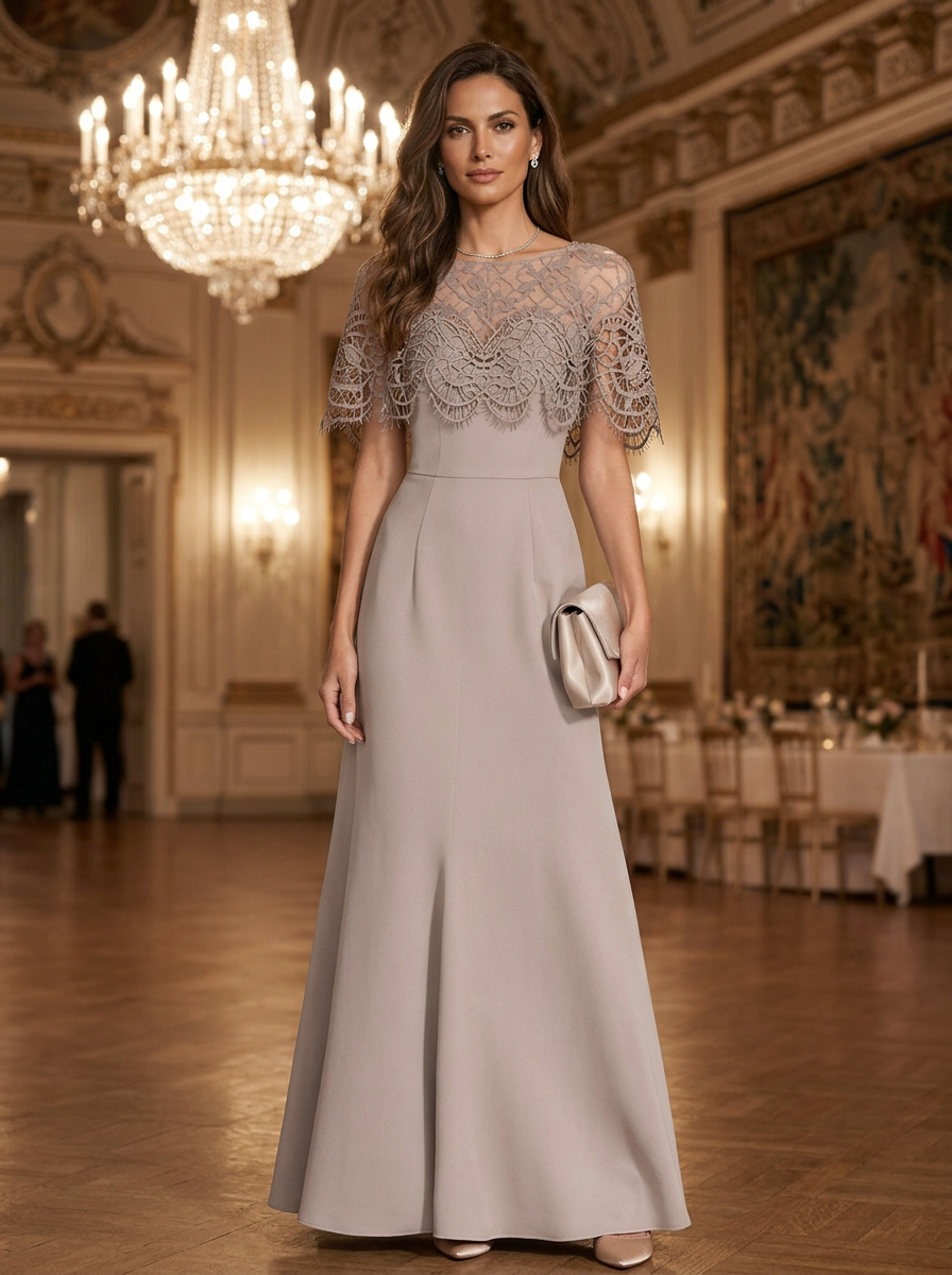 Taupe Lace Capelet Mermaid Maxi Dress