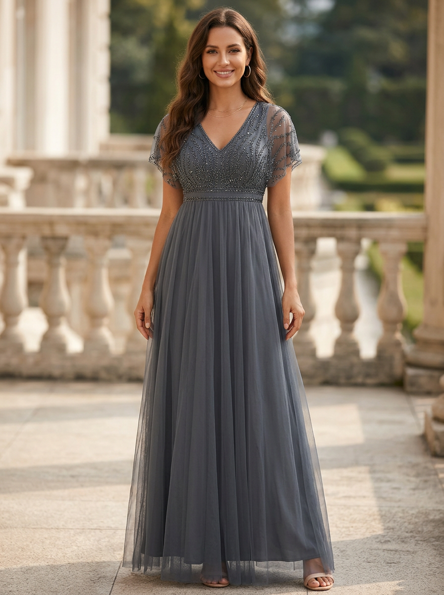 Dark Gray V Neck Chiffon Mesh Lace Maxi Dress