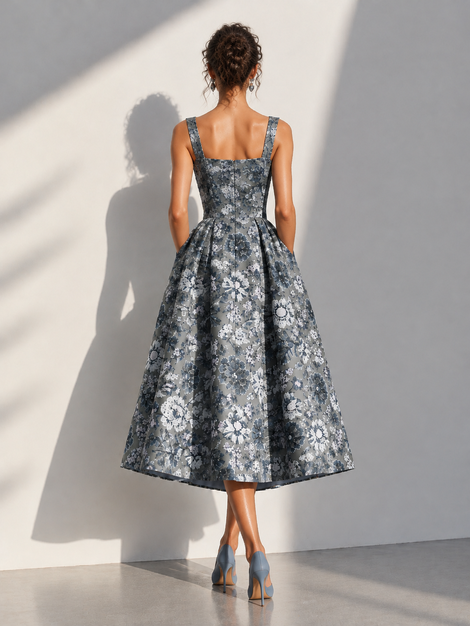 Gray Square Neck Spaghetti Strap Floral Jacquard Swing Tea-Length Dress