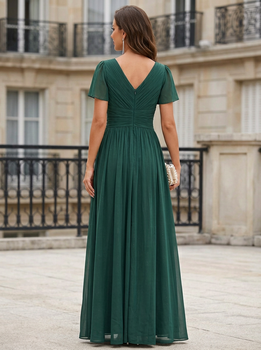 Green Chiffon V-Neck Flutter Sleeve A-Line Maxi Dress