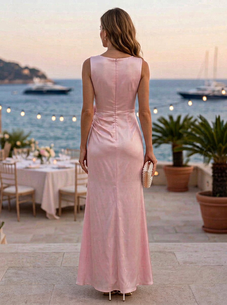 Light Pink Satin Round Neck Floral Slit Maxi Dress