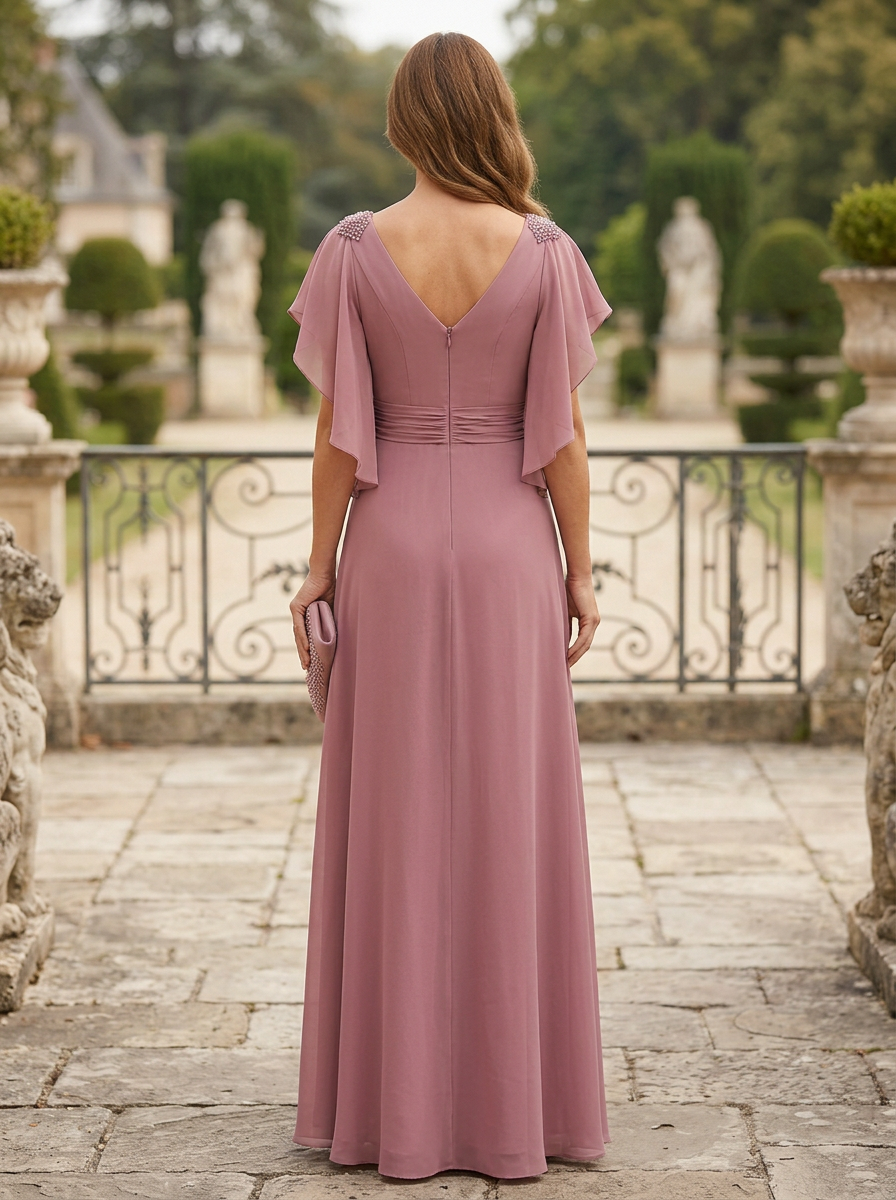 Dusty Pink V-Neck Chiffon with Flutter Sleeve Maxi Dress