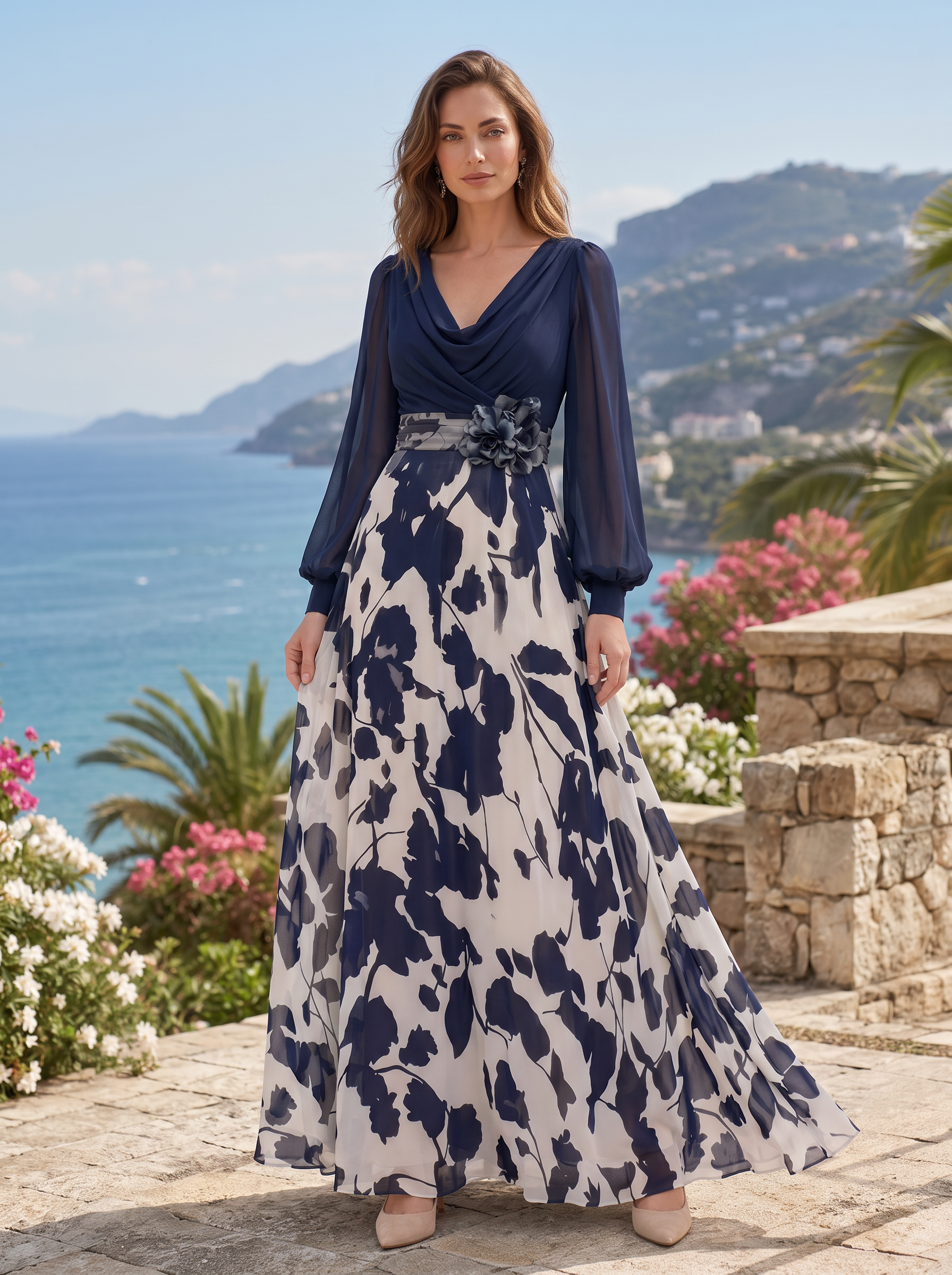 Cowl Neck Puff Sleeve 3D Flower Print Chiffon Maxi Dress