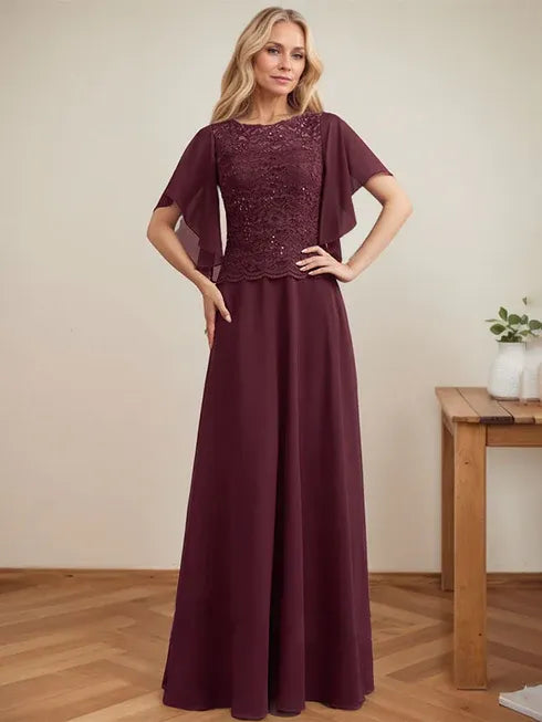A-line Scoop Illusion Floor-Length Lace Chiffon Mother of the Bride Dress With Sequins