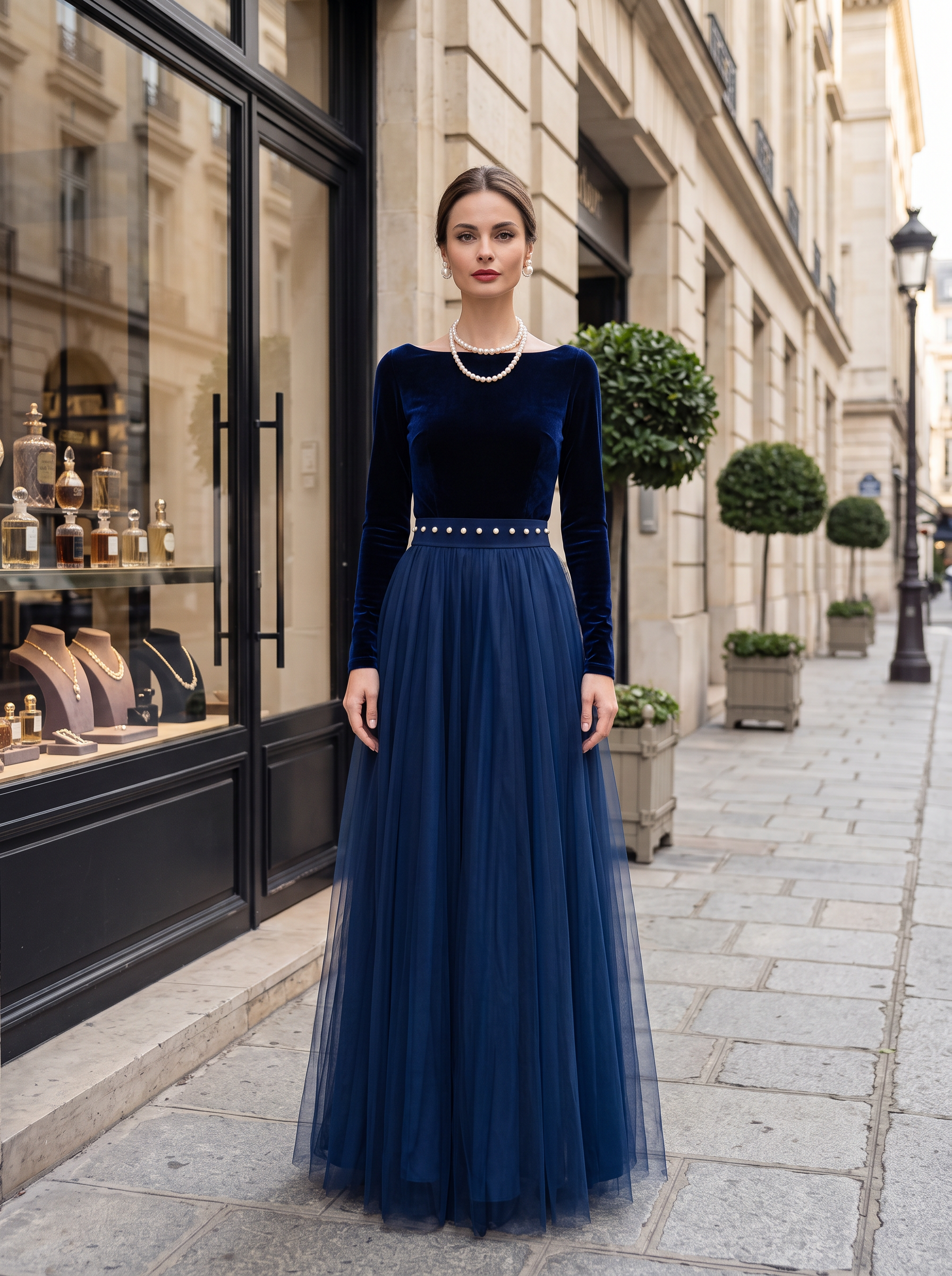 Navy Blue Velvet Long Sleeve Pearl Waist Tulle Maxi Dress