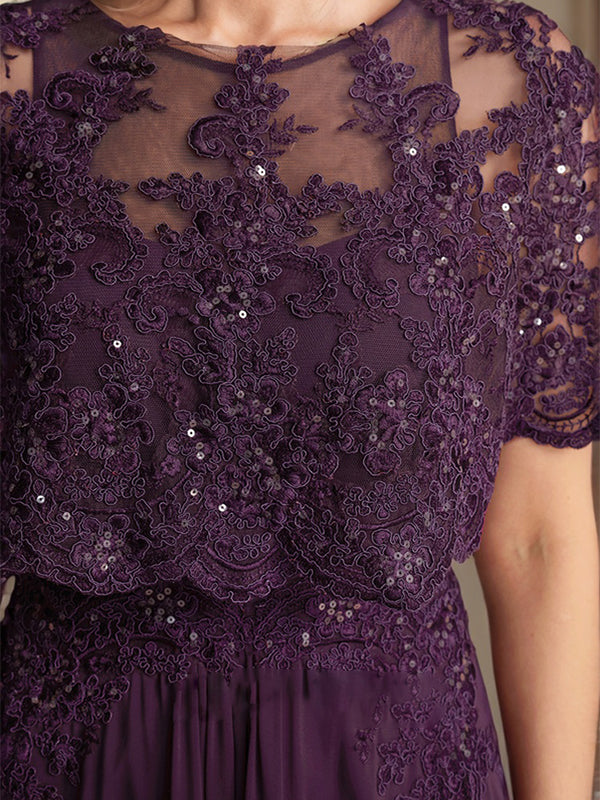 A-line Boat Neck Floor-Length Lace Chiffon Mother of the Bride Dress With Applique Sequins