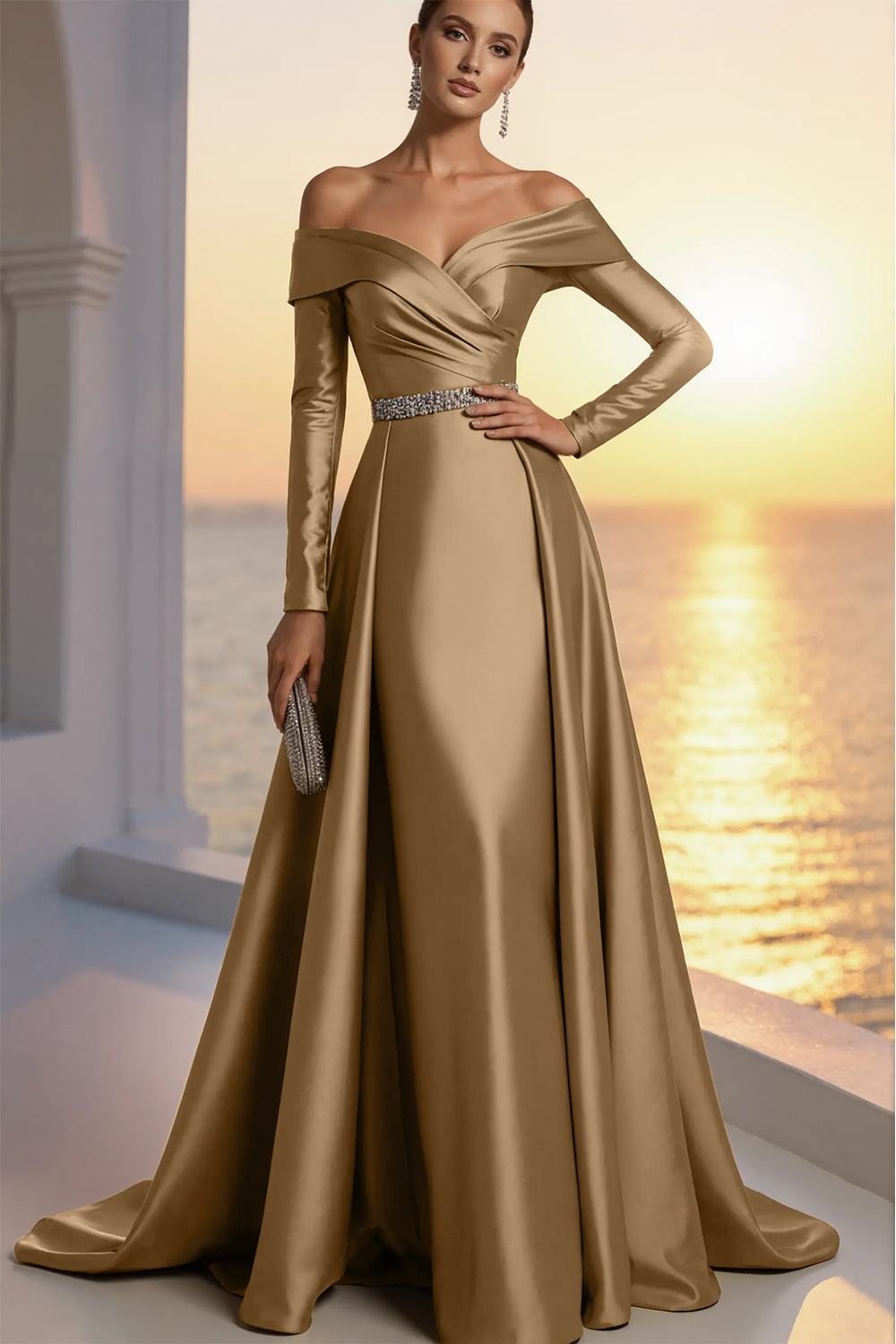 Formal Gold Satin Dress Off The Shoulder Long Sleeve Maxi Gown