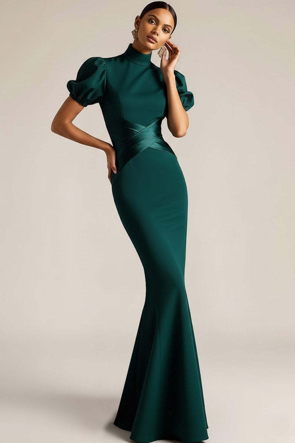 Emerald Green Formal Dress Mermaid High Neck Puff Sleeve Maxi Dress