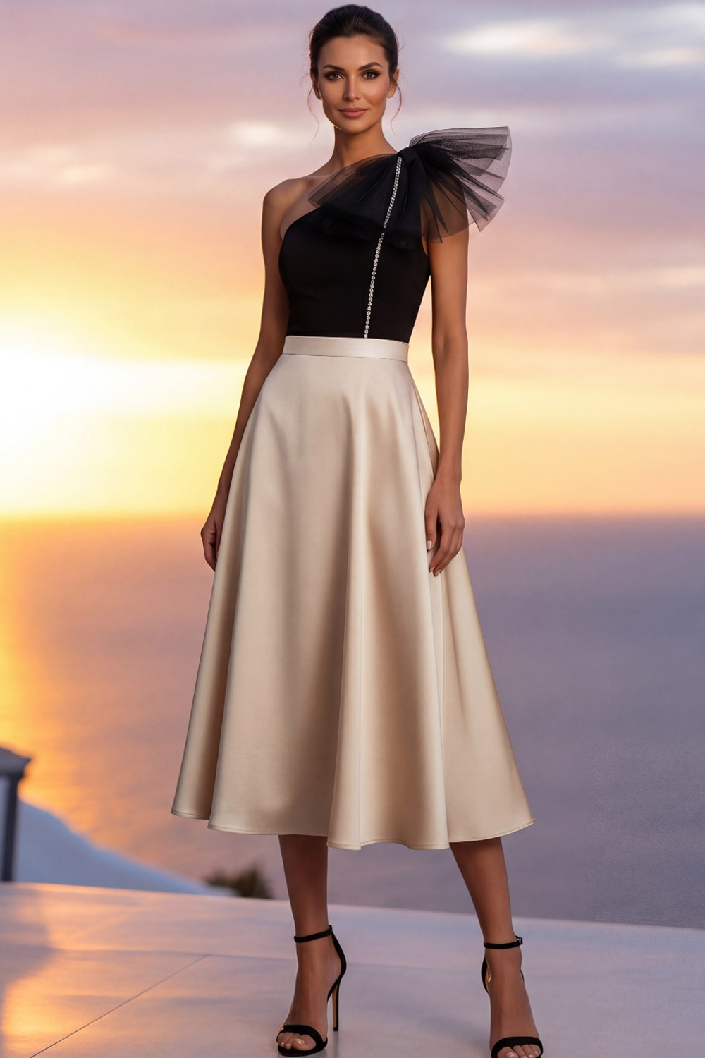 Champagne Formal Evening Dress One Shoulder Satin Midi Dress with Bow