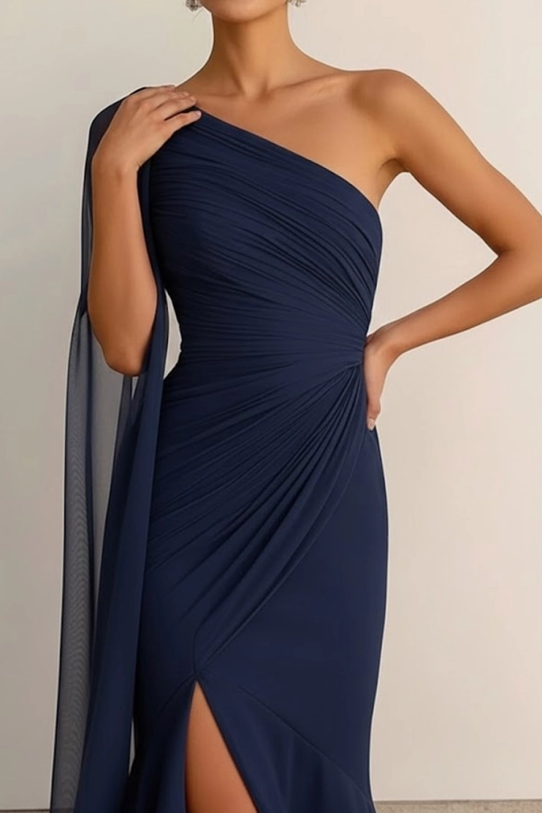 Navy Blue One Shoulder Formal Dresses Mermaid Chiffon Asymmetrical Evening Dress with Cape