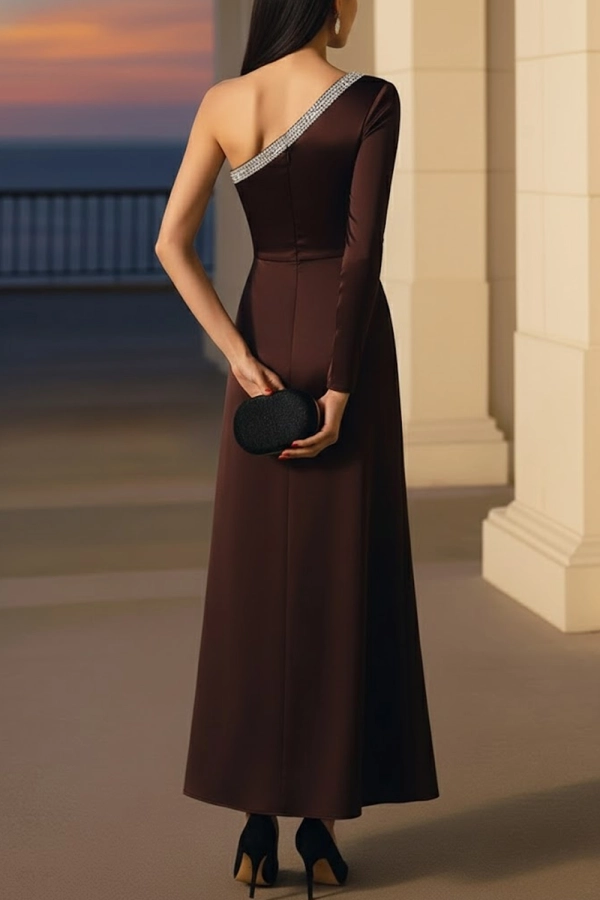 Brown One Shoulder Formal Evening Dresses Bead Satin Party Maxi Dresses