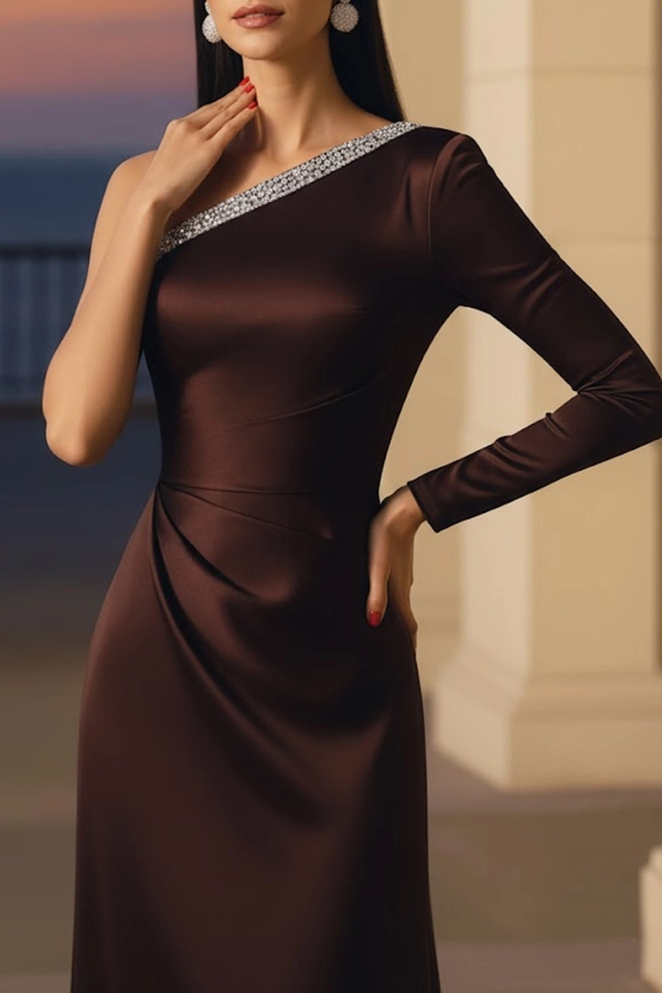 Brown One Shoulder Formal Evening Dresses Bead Satin Party Maxi Dresses