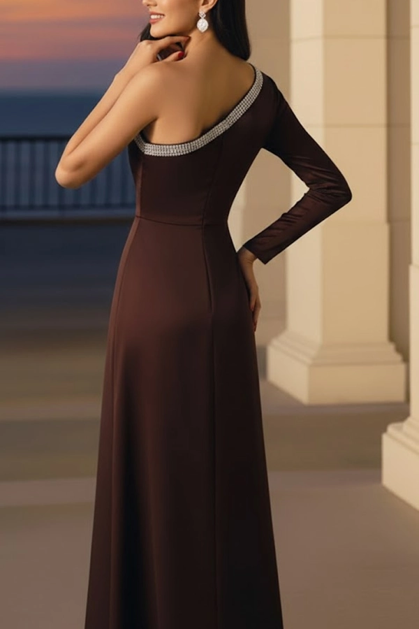 Brown One Shoulder Formal Evening Dresses Bead Satin Party Maxi Dresses
