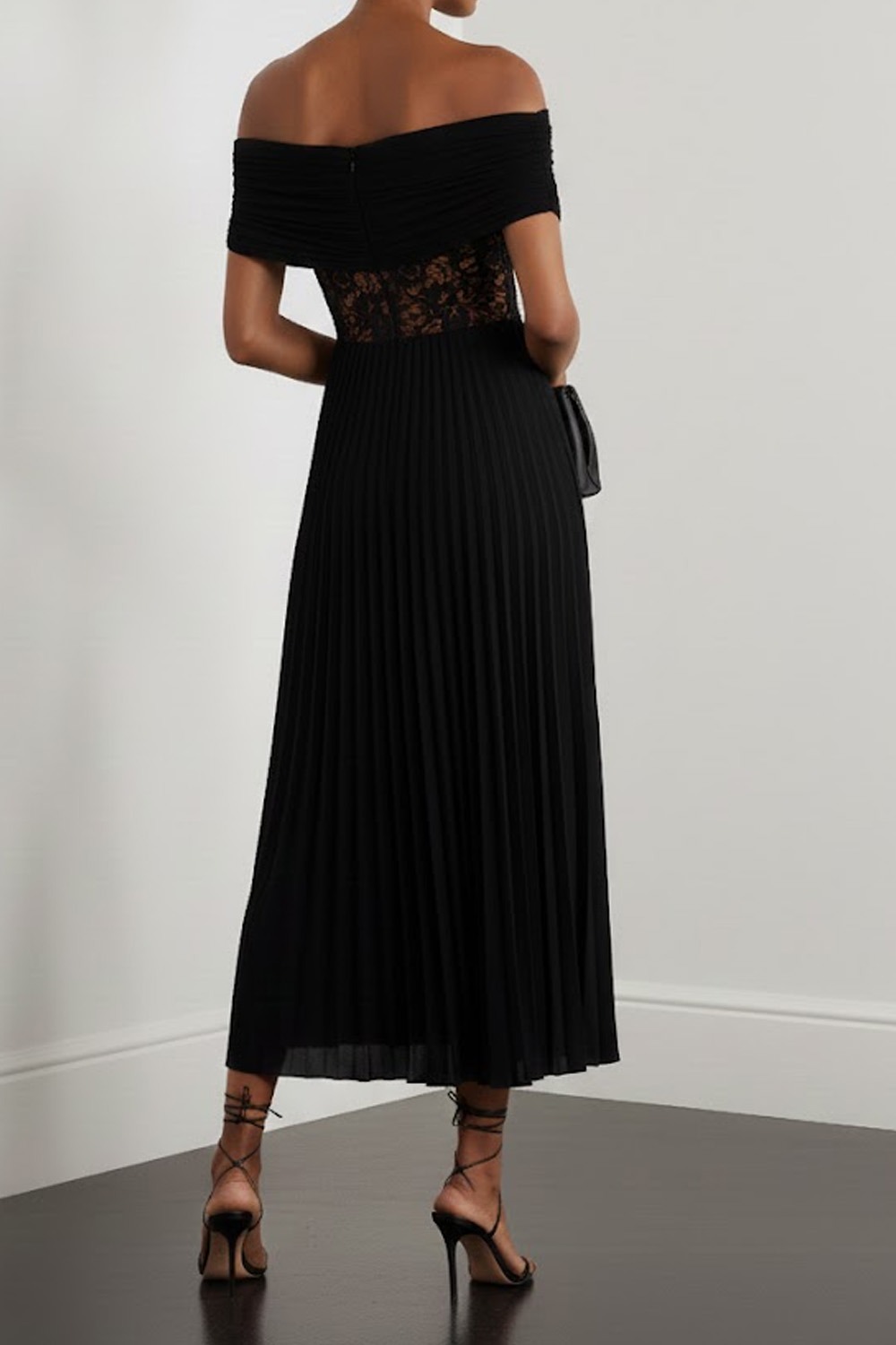 Black Formal Dress A-Line Off the Shoulder Pleated Chiffon Midi Dress
