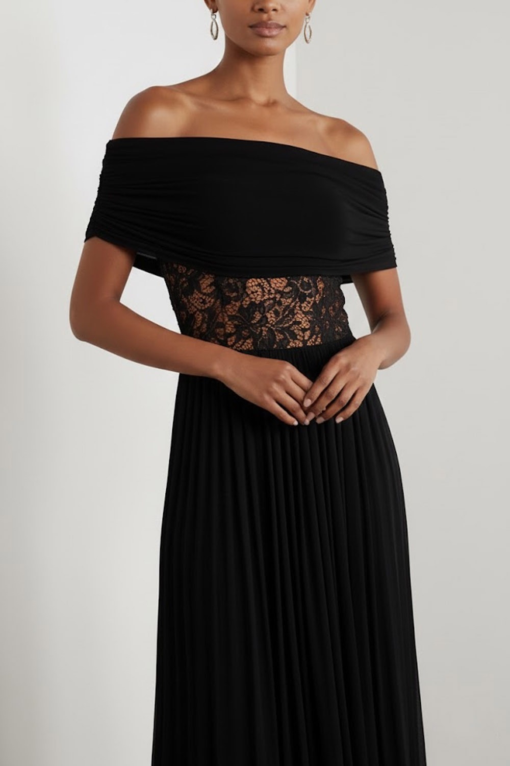 Black Formal Dress A-Line Off the Shoulder Pleated Chiffon Midi Dress
