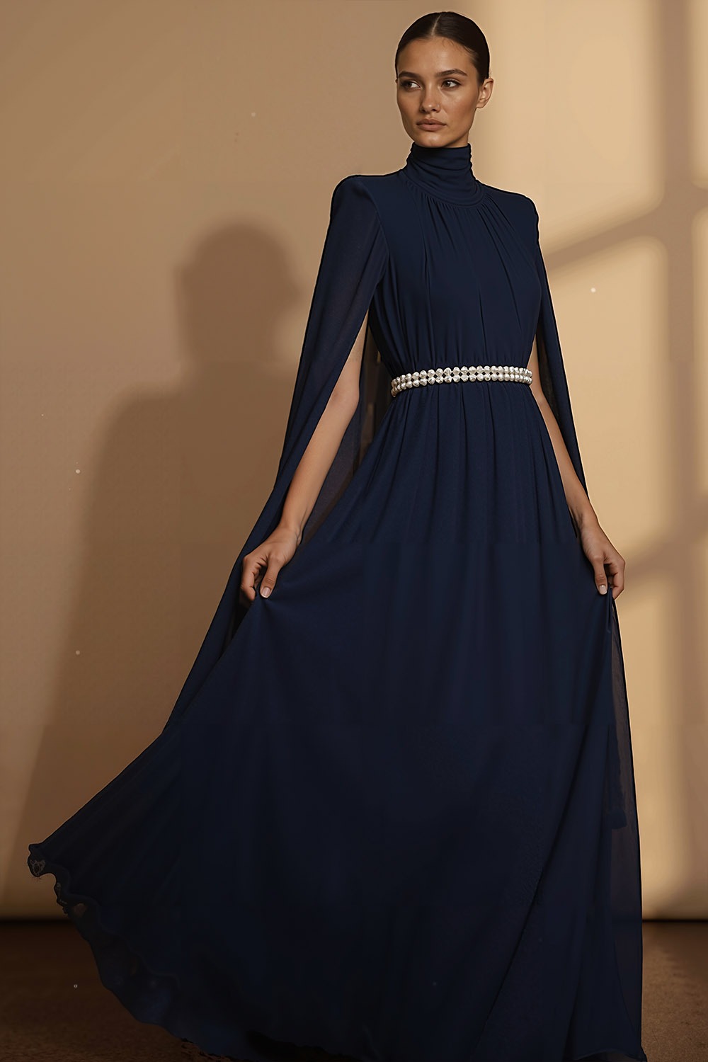 Navy Formal Dress A-Line High Neck Chiffon Maxi Dress with Cape