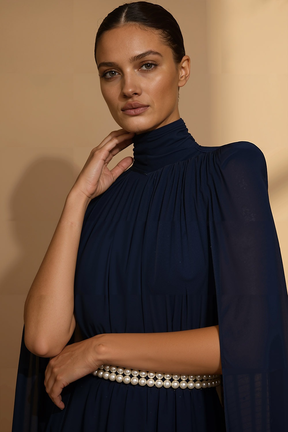 Navy Formal Dress A-Line High Neck Chiffon Maxi Dress with Cape