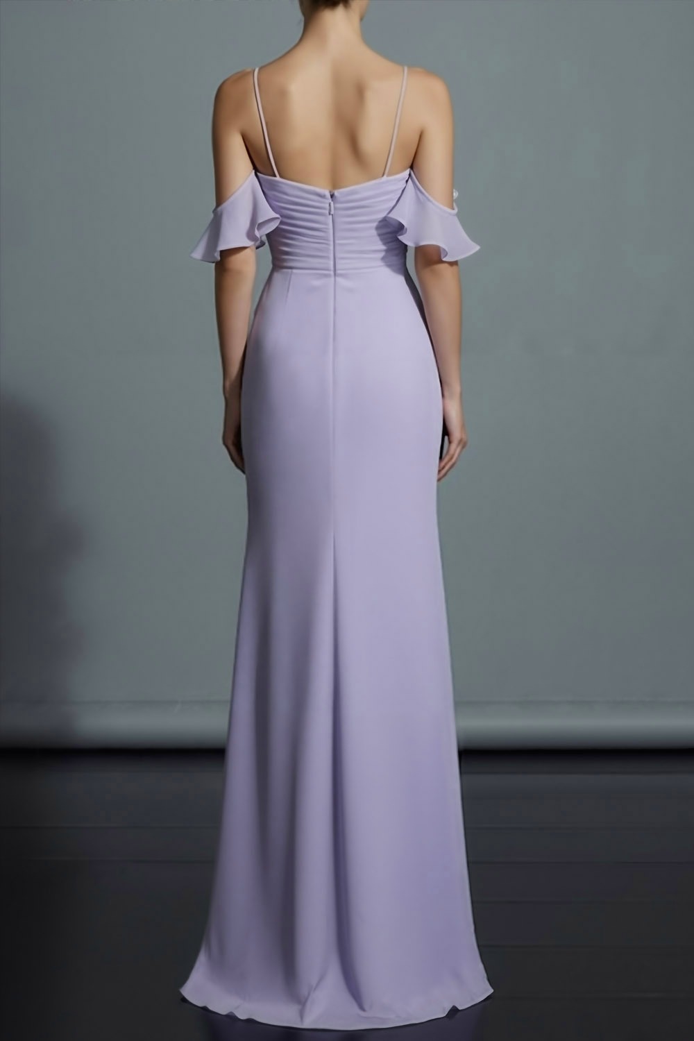 Lilac Formal Evening Dress Cold Shoulder Chiffon Maxi Dress with Ruffle