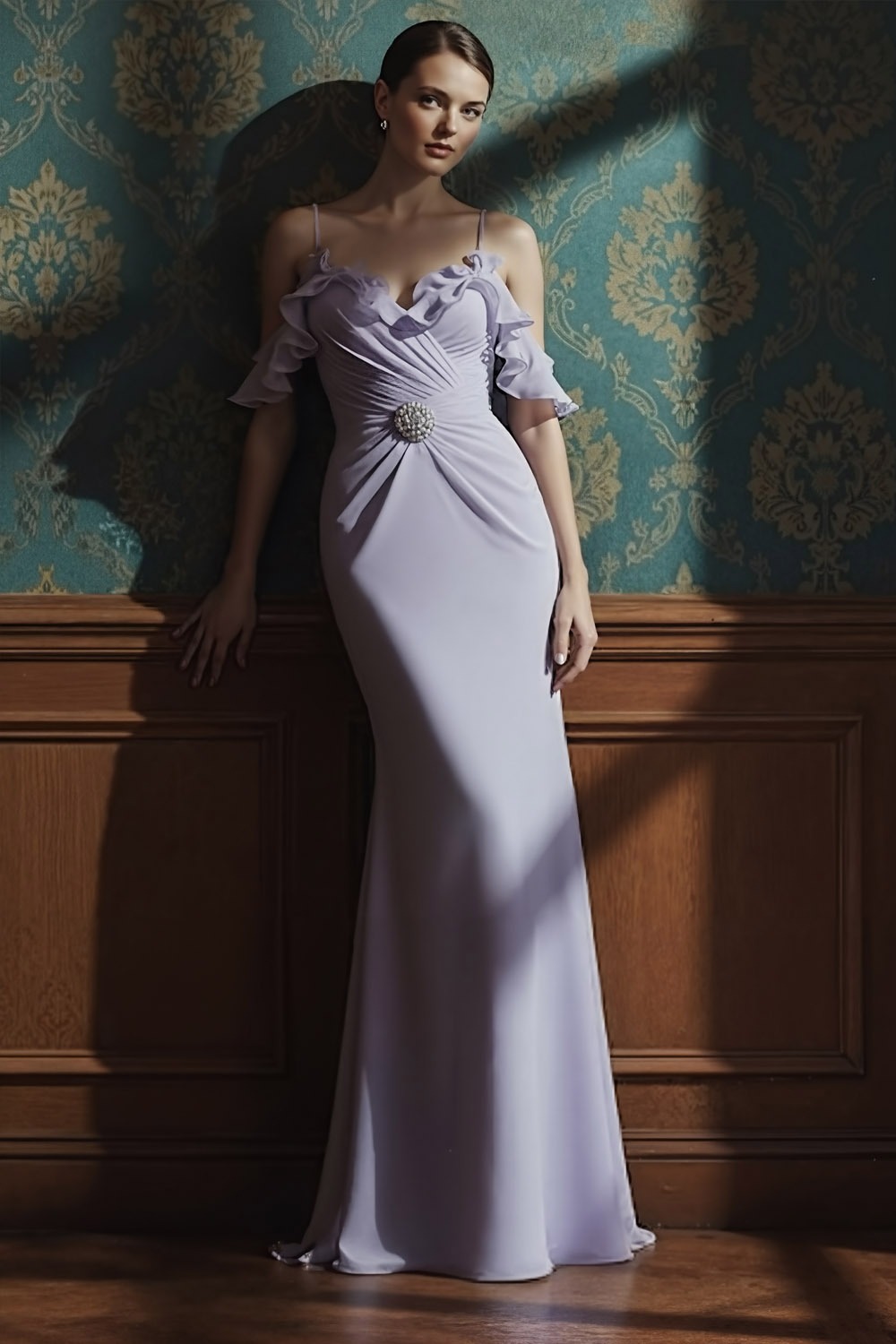 Lilac Formal Evening Dress Cold Shoulder Chiffon Maxi Dress with Ruffle