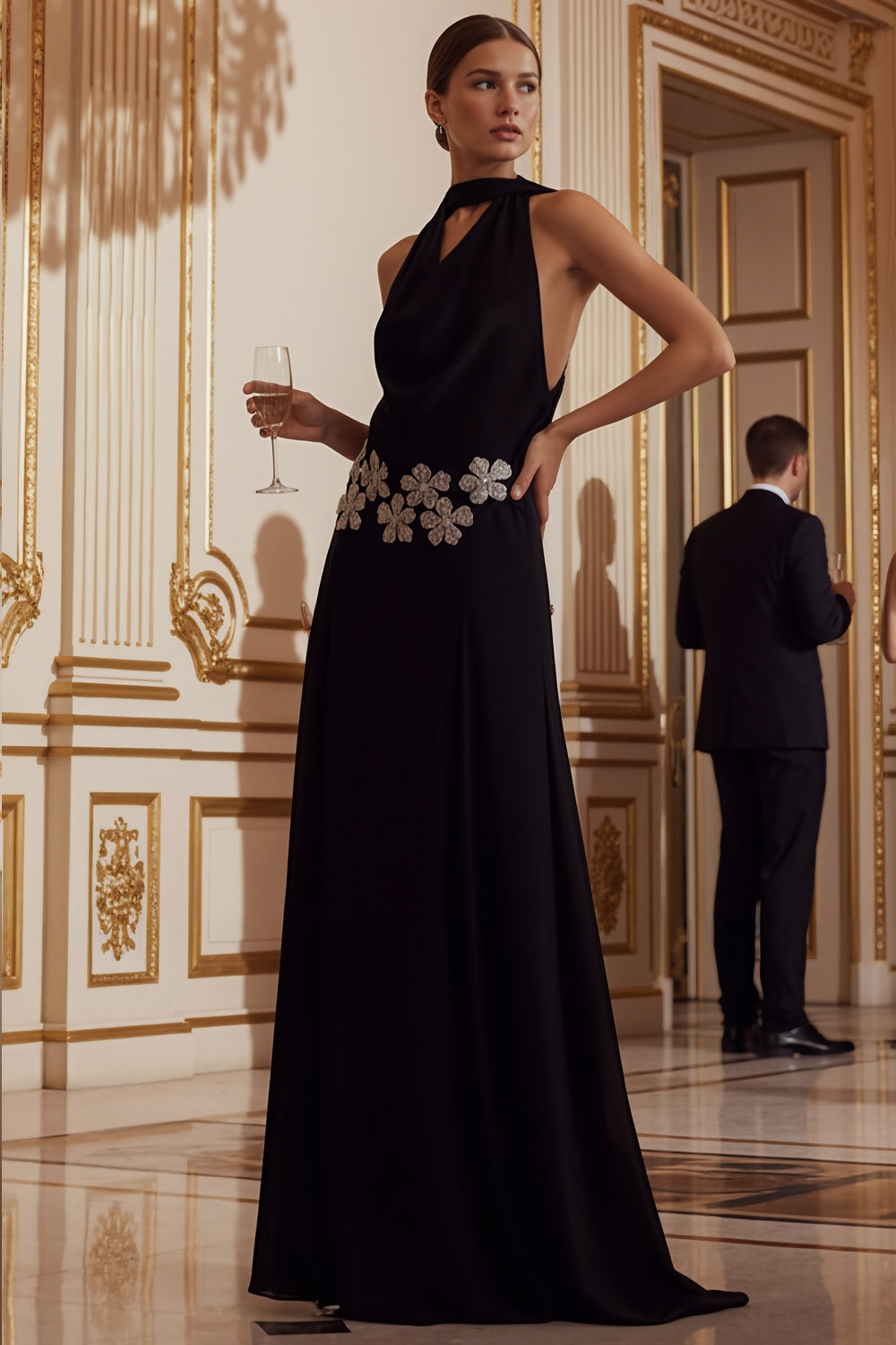 Black Formal Evening Dress Cowl Neck Chiffon Maxi Dress with Appliques