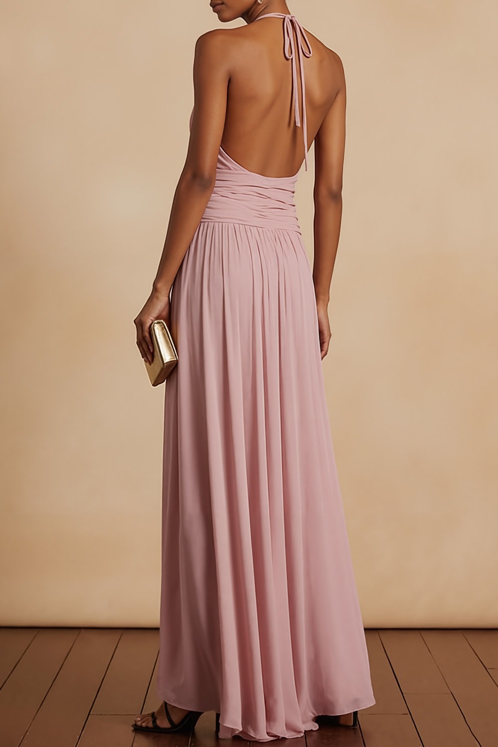 Pink Formal Evening Dress Halter Chiffon Maxi Dress with Ruffles