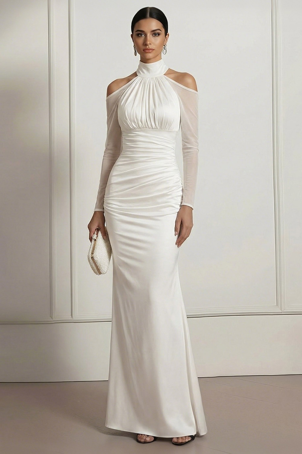 White Formal Evening Dress Mermaid Cold Shoulder Ruched Chiffon Maxi Dress