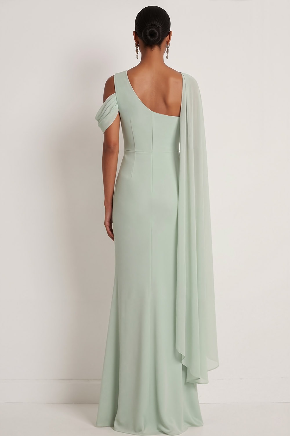 Dusty Sage Formal Dress Mermaid One Shoulder Chiffon Maxi Dress with Cape